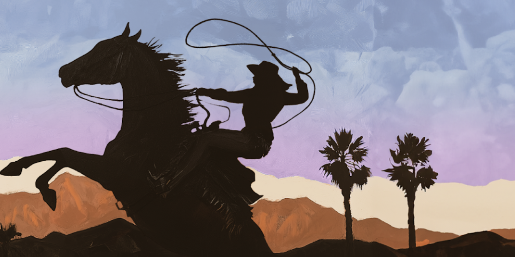 An illustration of a cowgirl on a horse at sunset